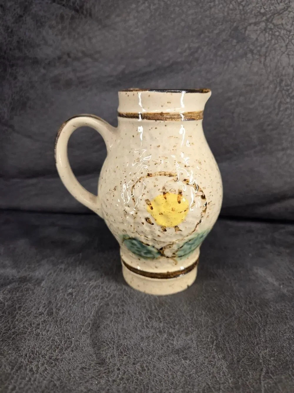 Vintage Speckled Stoneware Creamer Pitcher - Yellow Flower Design - Marked EG44